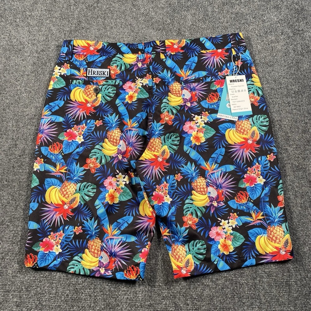 HRESKI Floral All Over Print Hawaiian Theme Golf Shorts Mens 36 Tropical Fruits